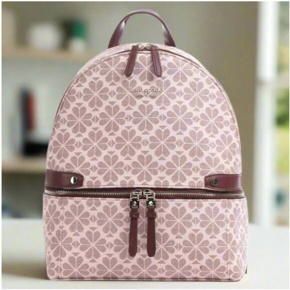 Kate Spade Large Backpack Flower Jacquard Beige Coated Canvas Leather Pockets - Picture 1 of 11